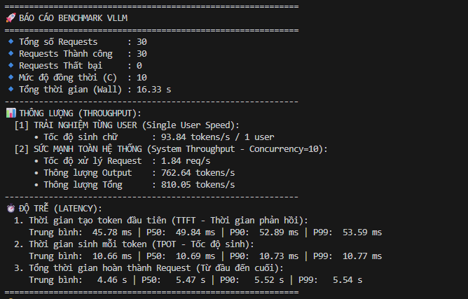 Benchmark vLLM raw LLM với TTFT, TPOT và throughput