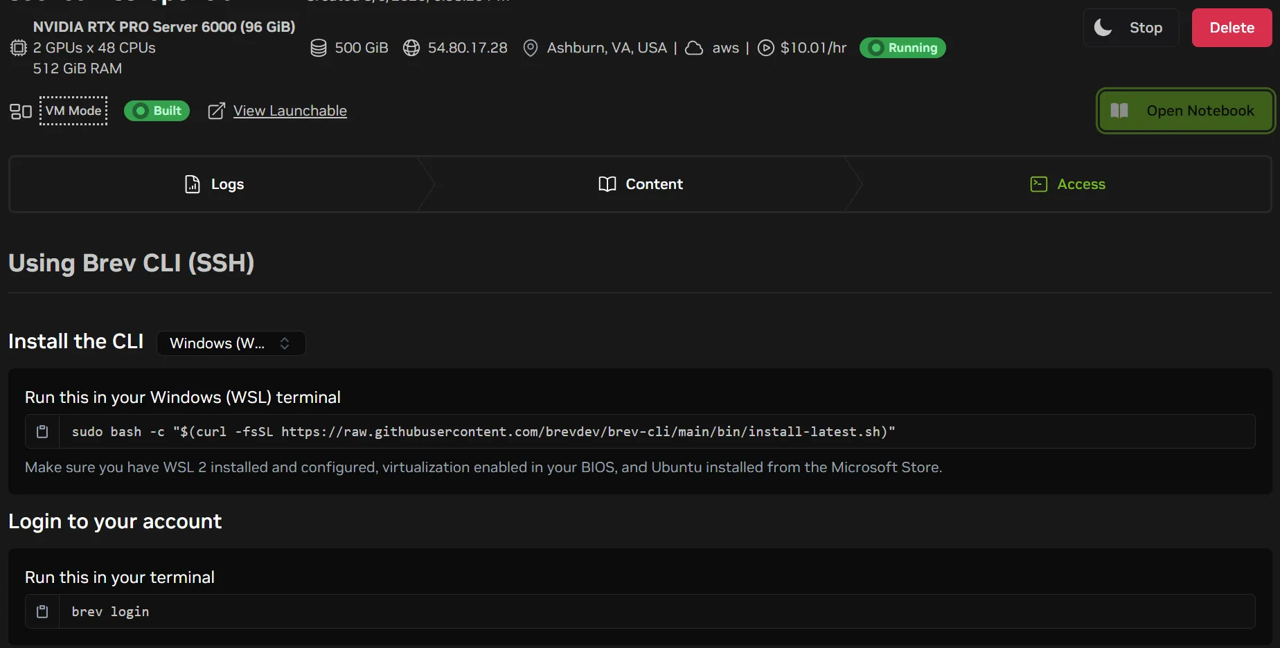 A screenshot showing the NVIDIA Brev Web UI with instructions for setting up the Brev command line interface