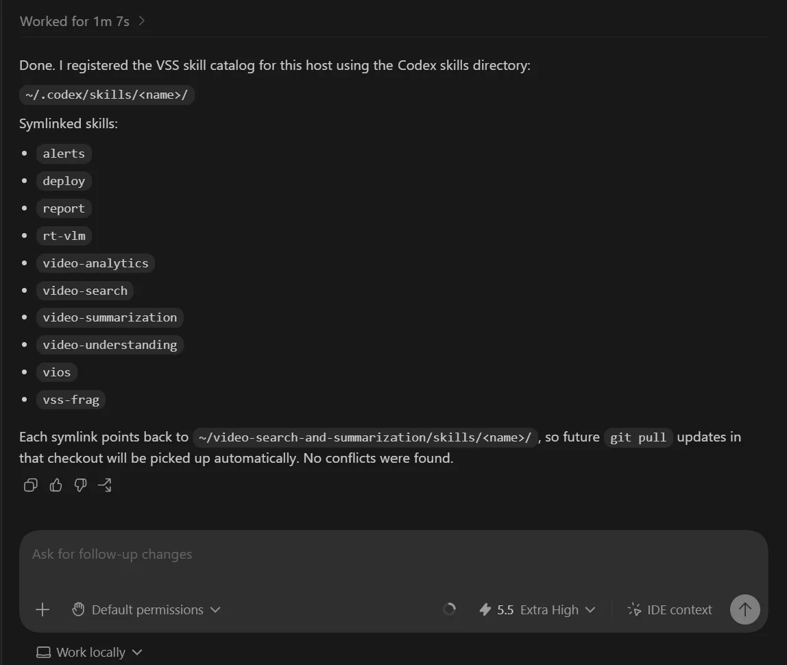 A screenshot from a Codex chat listing out the VSS skills it has available