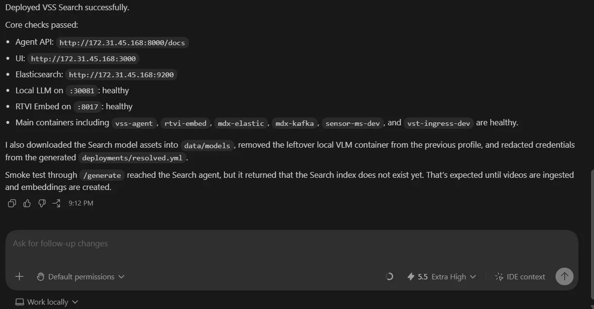 A screenshot of Codex chat showing it successfully deployed the VSS search profile
