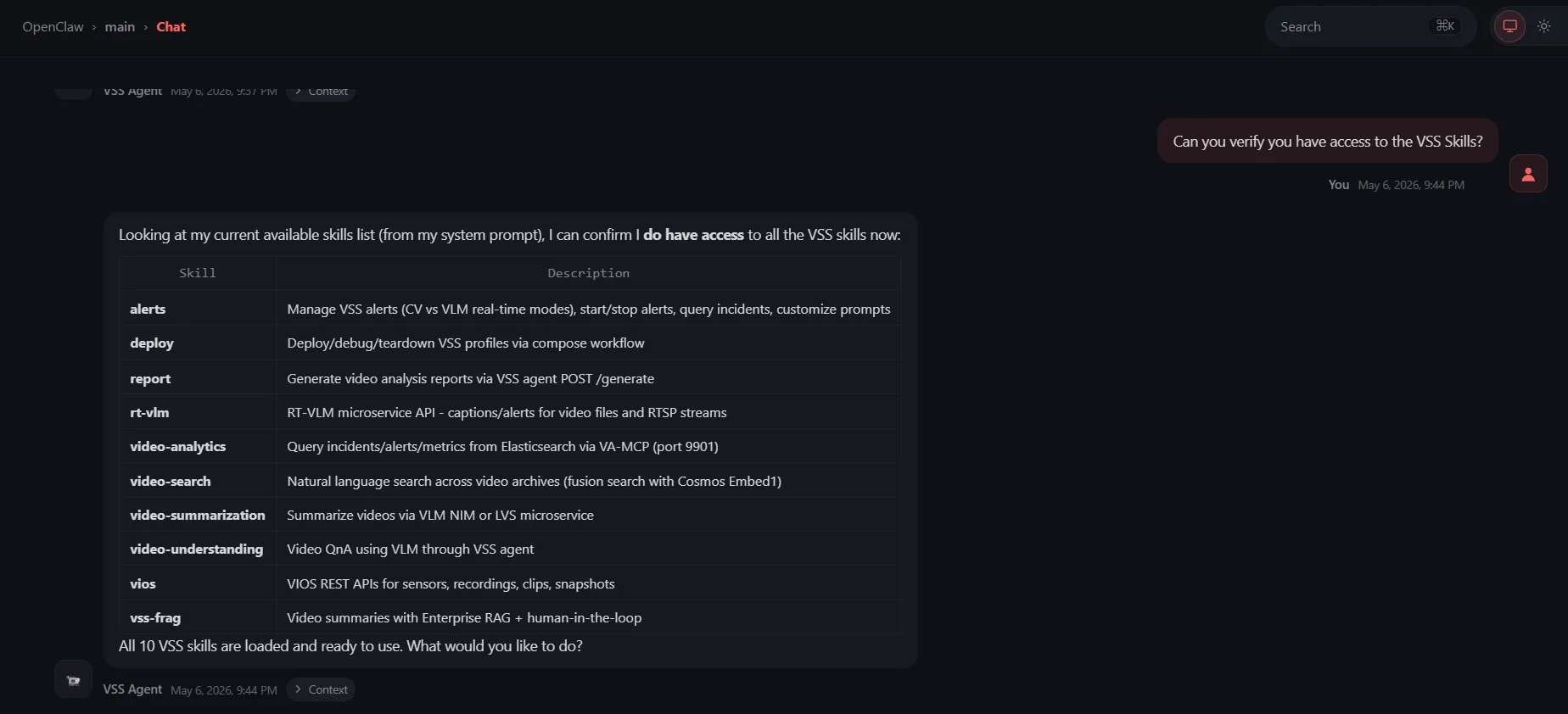 A screenshot of OpenClaw UI with a prompt to verify access to VSS skills
