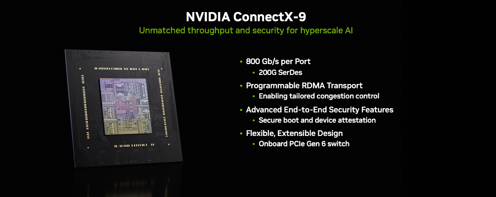 Hình ảnh cận cảnh chip ConnectX-9 được sử dụng trong mô-đun ConnectX-9 SuperNIC, với các chú thích làm nổi bật tốc độ 800 Gb/s mỗi cổng, truyền tải RDMA có thể lập trình và các cải tiến bảo mật quan trọng.