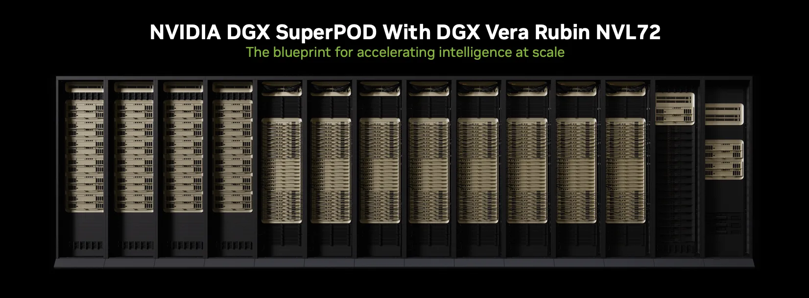 Hình ảnh đồ họa toàn hệ thống cho thấy một NVIDIA DGX SuperPOD được xây dựng bằng các rack DGX Vera Rubin NVL72, được trình bày trên nền đen như một bản thiết kế để tăng tốc trí tuệ nhân tạo ở quy mô lớn. Hình ảnh mô tả một hàng các hệ thống tích hợp quy mô rack kết hợp tính toán, mạng và lưu trữ. Phần văn bản nổi bật bao gồm tám hệ thống Vera Rubin NVL72 được kết nối bằng mạng NVLink 6 mở rộng quy mô và mạng Spectrum-X Ethernet mở rộng quy mô, cùng với bộ nhớ lưu trữ ngữ cảnh suy luận NVIDIA và phần mềm NVIDIA Mission Control. Hình ảnh truyền tải kiến trúc nhà máy AI tích hợp hoàn chỉnh được thiết kế cho khối lượng công việc đào tạo, suy luận và lý luận quy mô lớn.