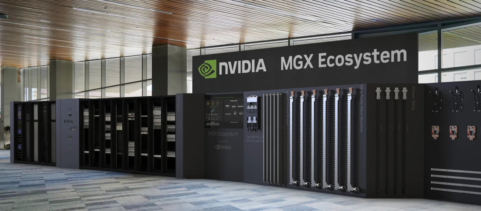 Màn hình rộng hiển thị bức tường NVIDIA MGX với các thành phần rack Vera Rubin NVL72 do nhiều đối tác cung cấp, minh họa cho phạm vi rộng lớn của phần cứng và các yếu tố hệ sinh thái cần thiết để xây dựng và mở rộng nền tảng Vera Rubin.