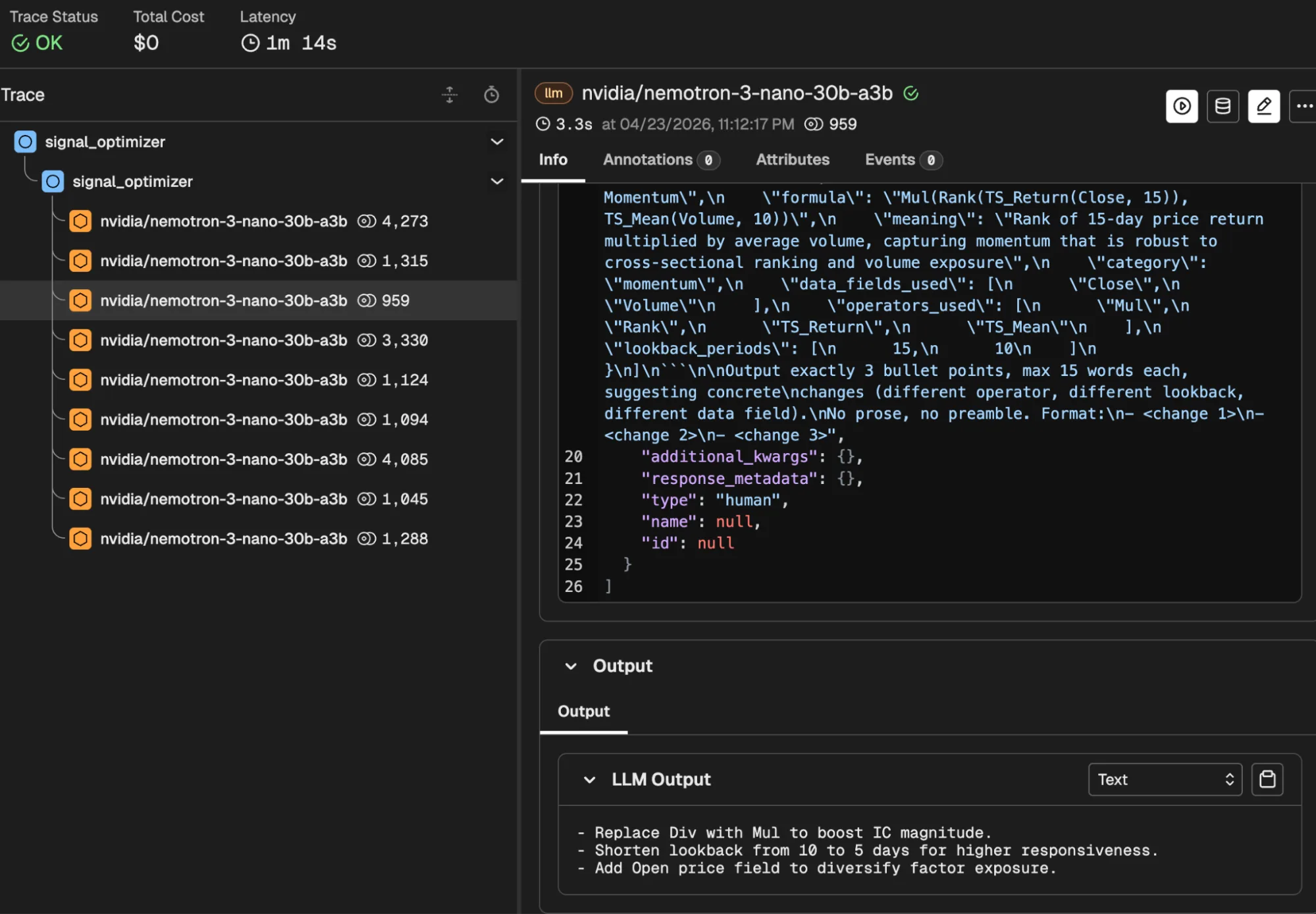 Screenshot showing the Phoenix UI, showing the trace of a multi-agent workflow in the NeMo Agent Toolkit for signal discovery. The trace displays the sequence of steps, token usage, and tool calls made by the signal generator and code agent.