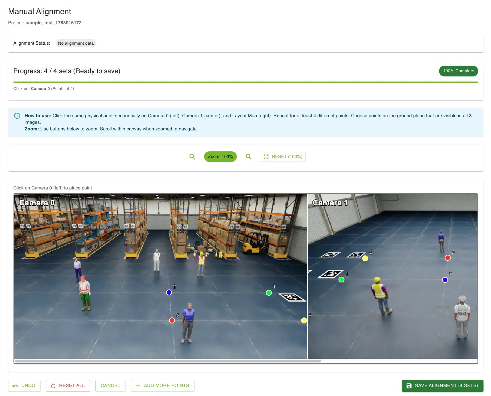 Screenshot of the AutoMagicCalib manual alignment step showing user selected points 